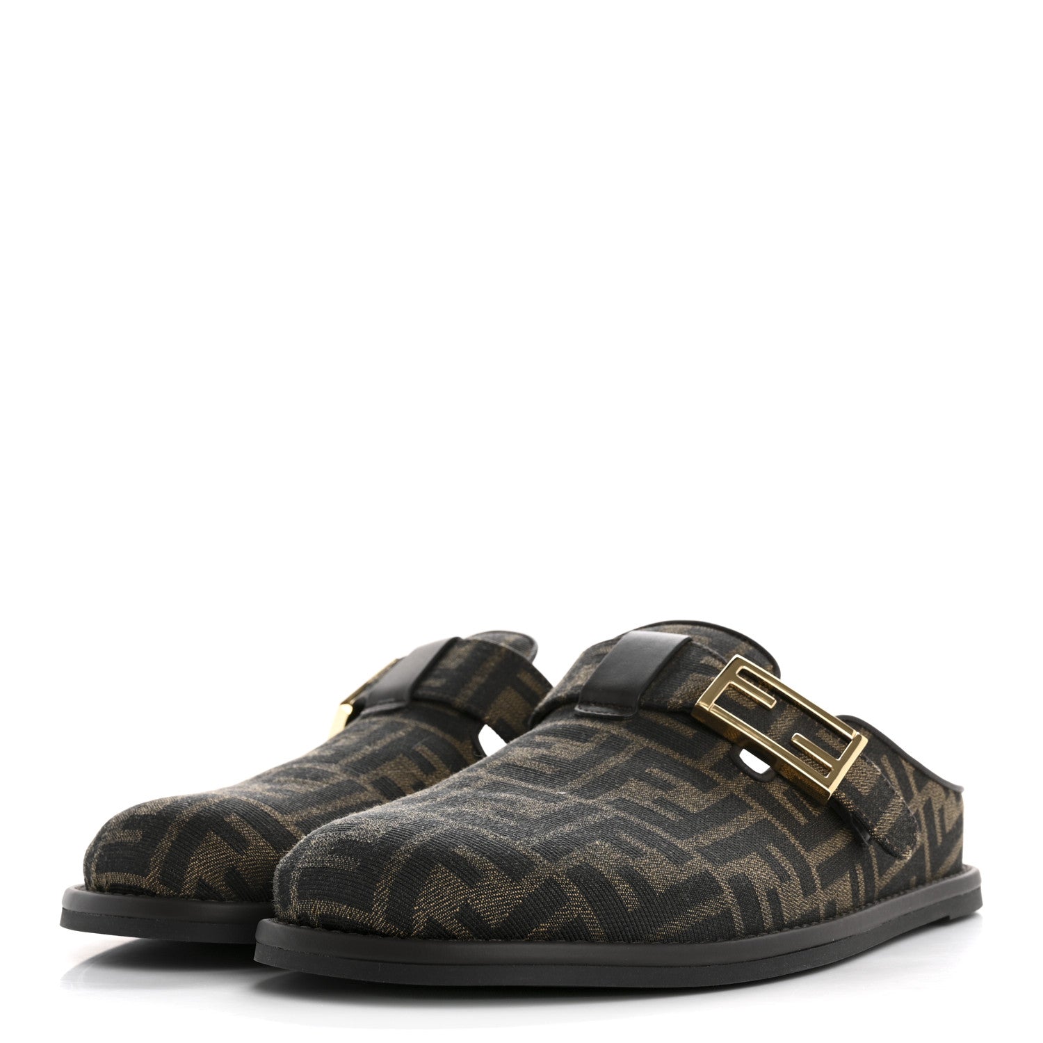 Fendi Fabric Jacquard Nappa FF Womens Sabot Mules 39 Tobacco Black 4 of 10