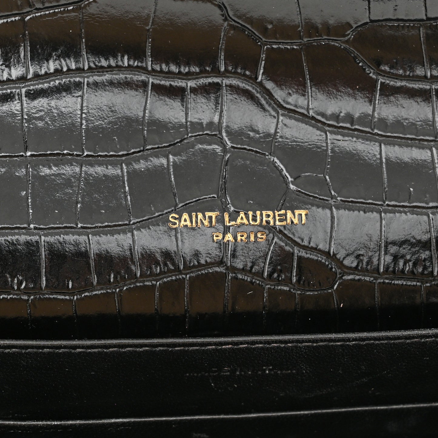 Calfskin Crocodile Embossed Monogram Cassandra Chain Wallet Black