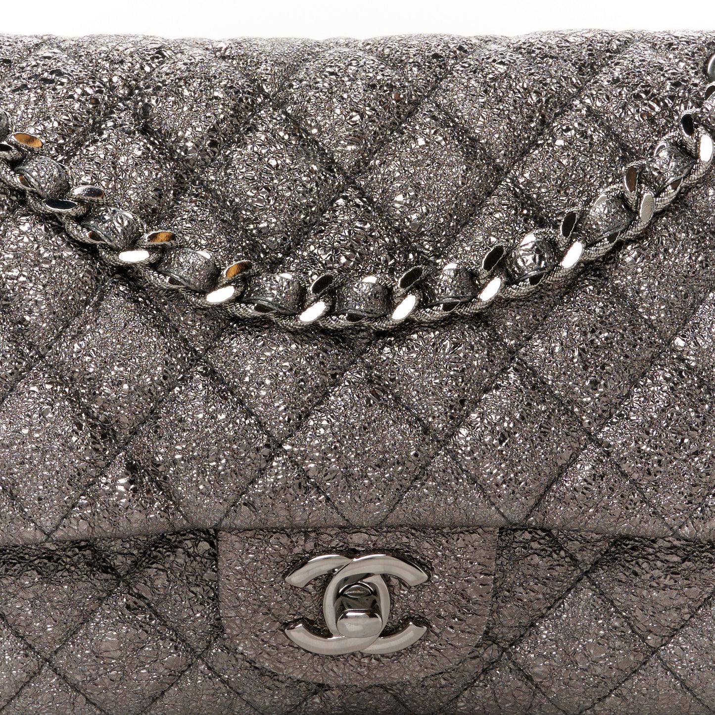 Metallic Crackled Calfskin Medium Double Flap Dark Silver