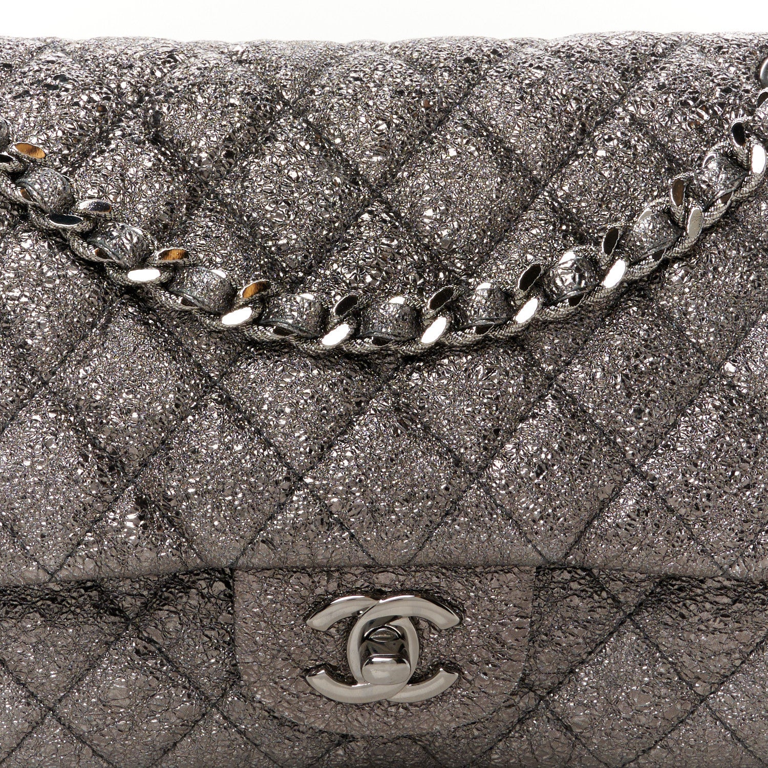Chanel Metallic Crackled Calfskin Medium Double Flap Dark Silver 8 of 11
