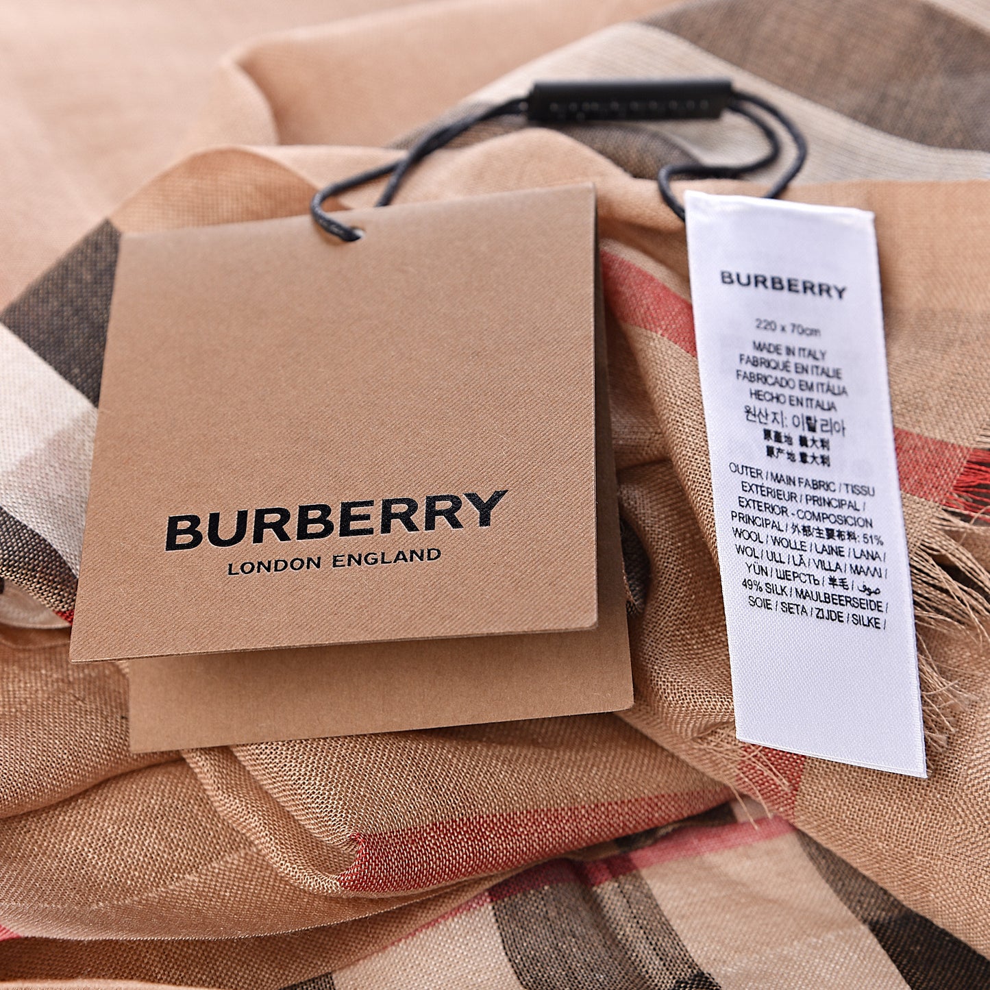Wool Silk Gauze Giant Check Scarf Camel