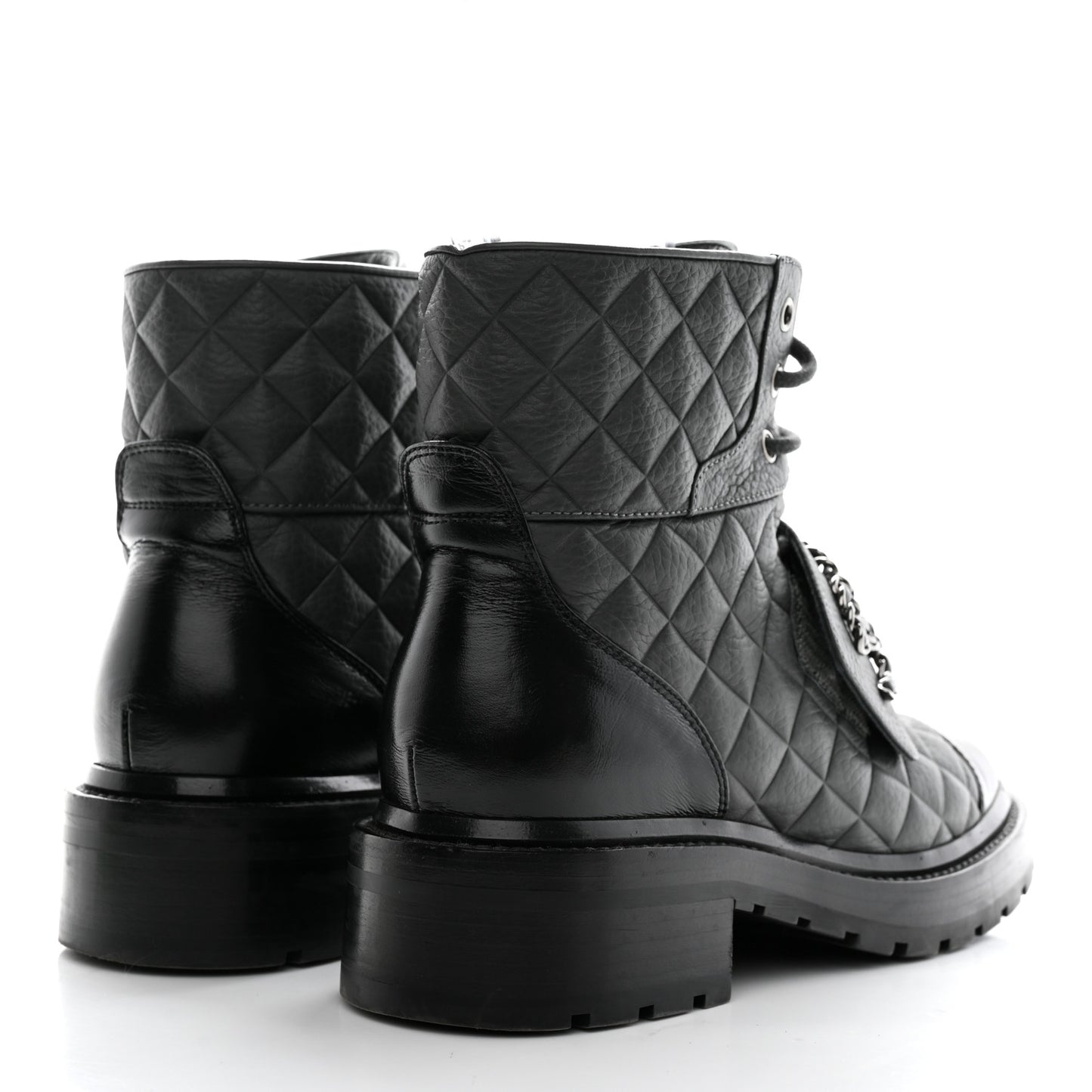 Calfskin Shiny Calfskin Quilted Lace Up Combat Boots 37.5 Dark Grey Black