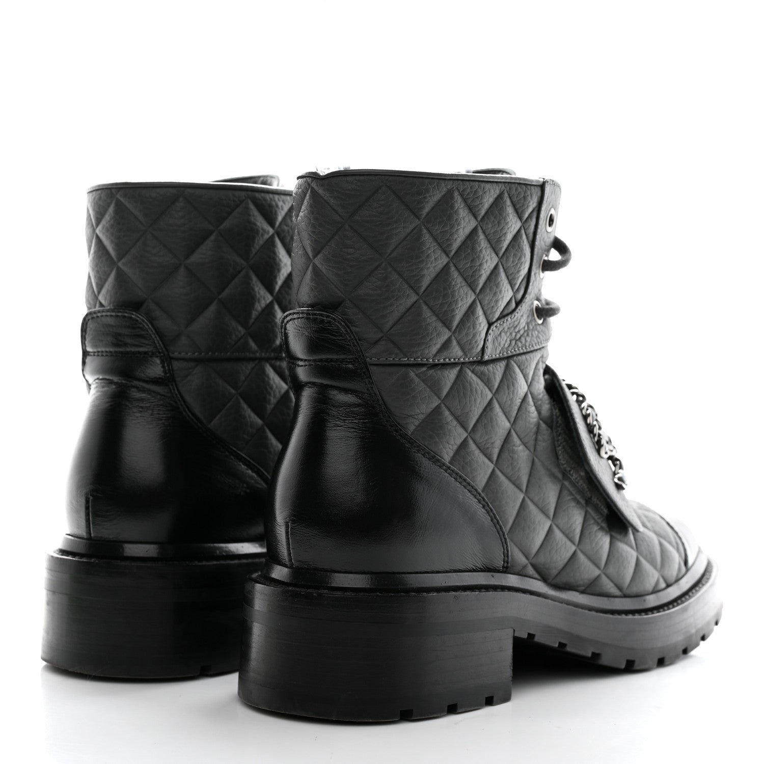 Chanel Calfskin Shiny Calfskin Quilted Lace Up Combat Boots 37.5 Dark Grey Black 4 of 10