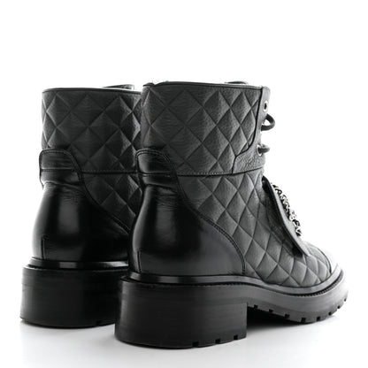 Chanel Calfskin Shiny Calfskin Quilted Lace Up Combat Boots 37.5 Dark Grey Black 4 of 10