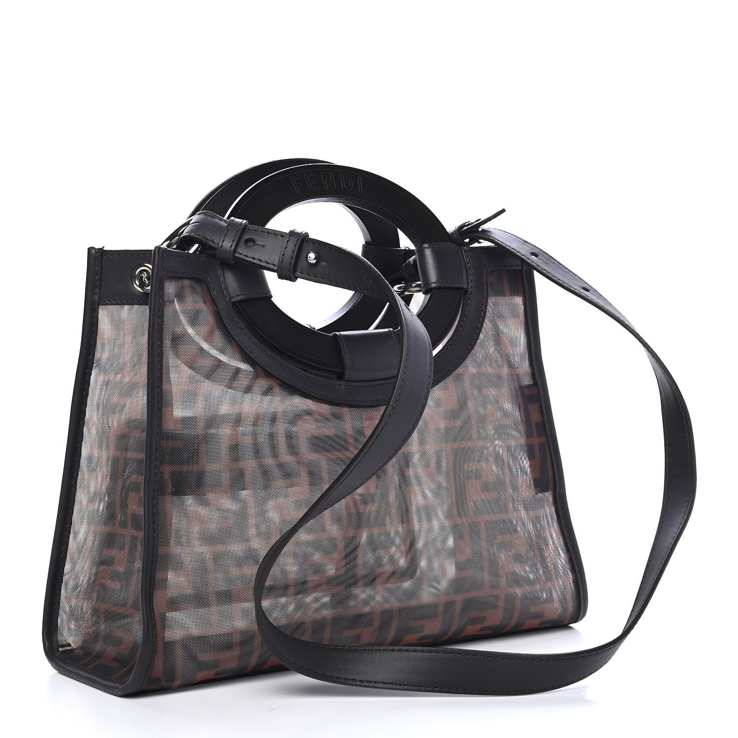 Fendi Mesh Vitello Century Cuoio FF 1974 Small Runaway Shopper Tote Marrone Black Ebano 3 of 10