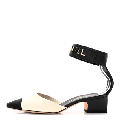Chanel Lambskin Grosgrain Cap Toe Logo Ankle Strap Pumps 38 White Black 1 of 18