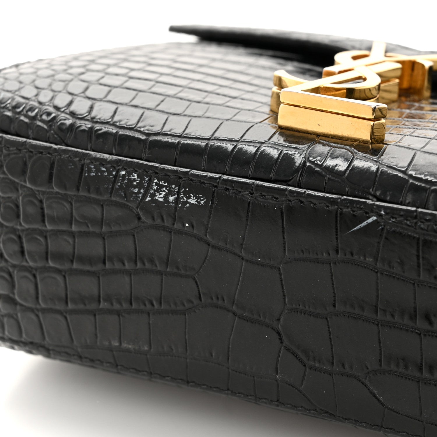 Saint Laurent Calfskin Crocodile Embossed Mini Classic Monogram Cassandra Top Handle Black 10 of 10