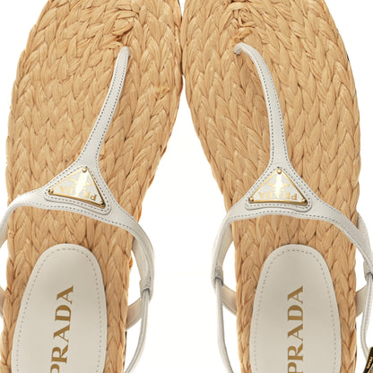 Prada Raffia Metal Triangle Logo Woven Slingback Flat Thong Sandals 40 White 9 of 10