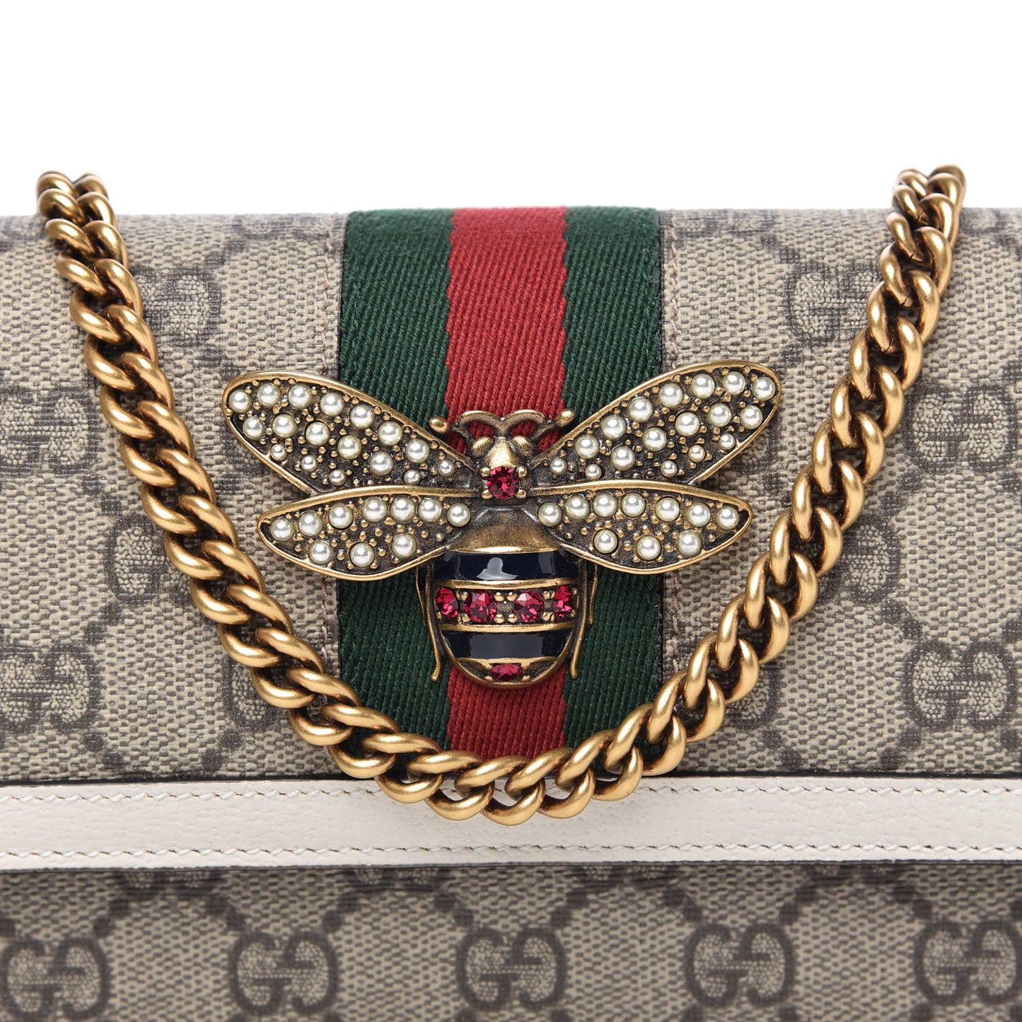 GG Supreme Monogram Web Queen Margaret Chain Wallet White