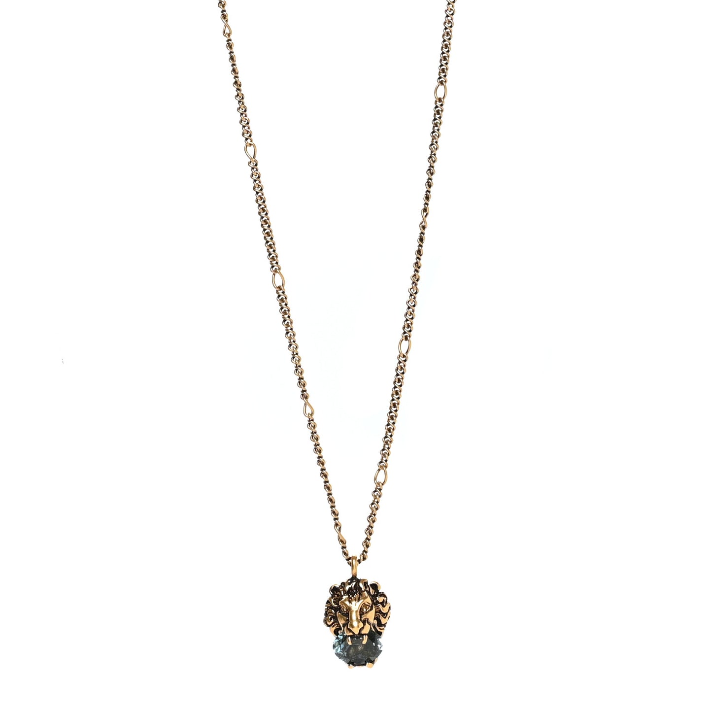 Metal Brass Swarovski Lion Head Necklace Gold Blue