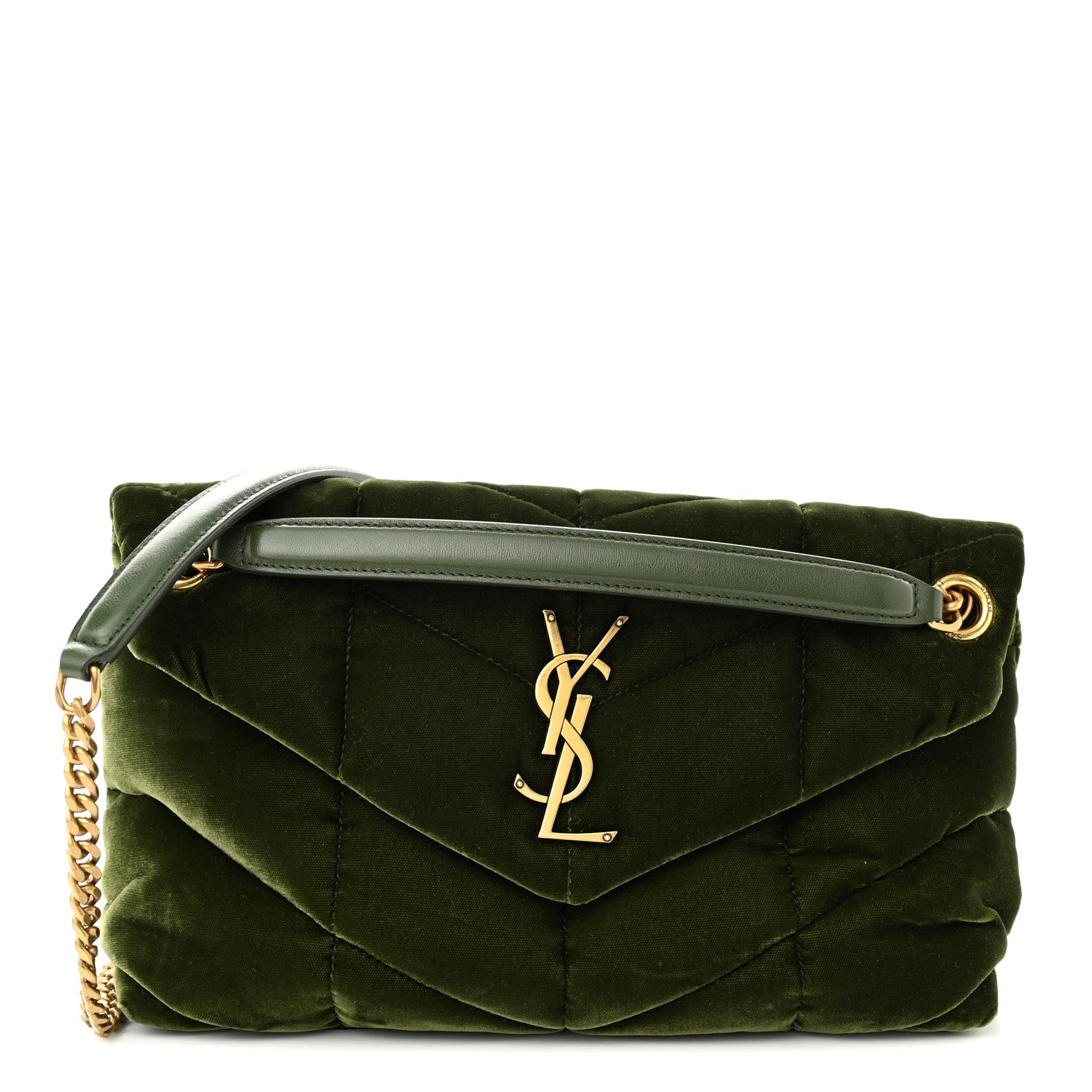 Saint Laurent Velvet Quilted Small Loulou Puffer Monogram Chain Satchel Kaki Musk 1 of 11