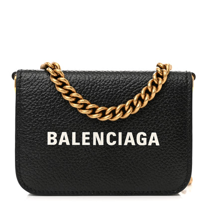 Balenciaga Grained Calfskin Logo Mini Cash Wallet On Chain Black White 1 of 10
