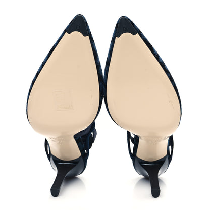Fendi Chenille Jacquard FF Colibri Lite 85mm Slingback Pumps 37 Blue Black 5 of 10