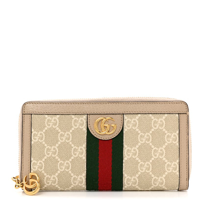 Gucci GG Supreme Monogram Textured Dollar Calfskin Web Ophidia Zip Around Wallet Beige Mystic White Oatmeal 1 of 8