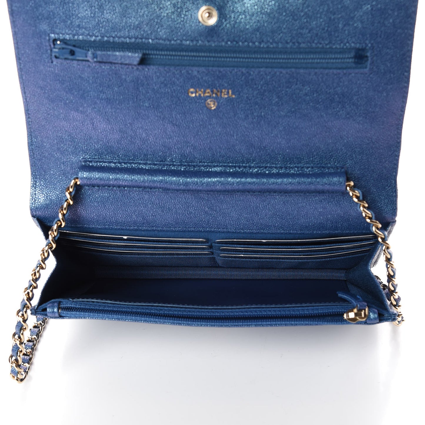 Iridescent Caviar Quilted Wallet On Chain WOC Dark Blue