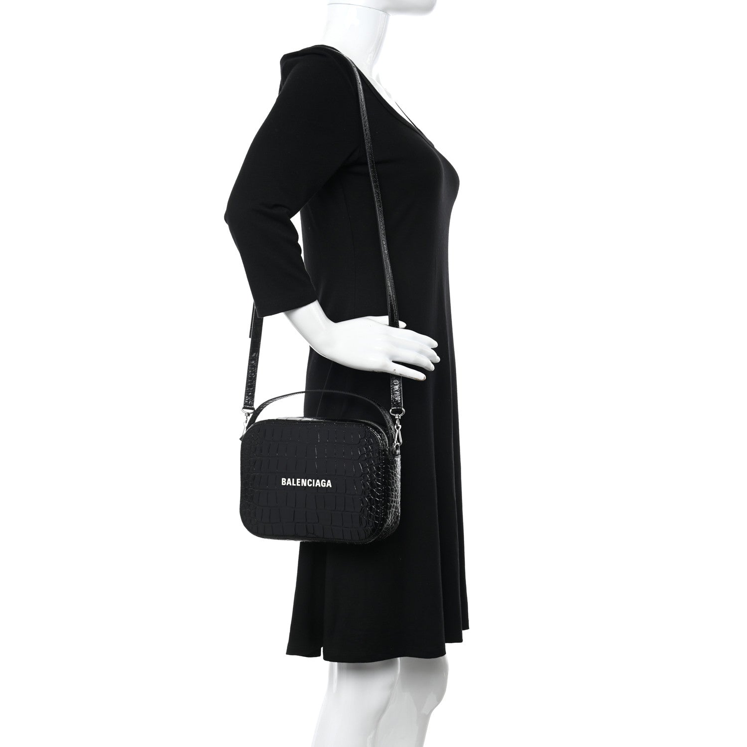 Balenciaga Shiny Calfskin Logo Crocodile Embossed S Everyday Camera Bag with Handle Black 2 of 13