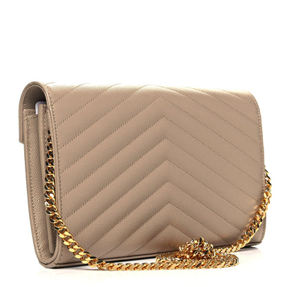 Saint Laurent Grain De Poudre Matelasse Chevron Monogram Chain Wallet Dark Beige 3 of 8