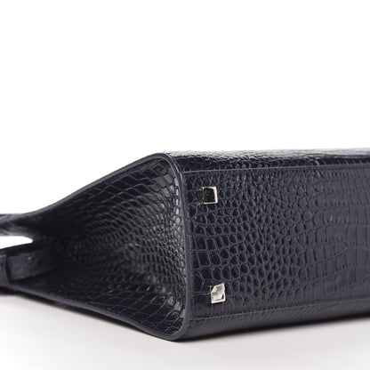 Saint Laurent Shiny Calfskin Crocodile Embossed Small Manhattan Shopper Tote Deep Marine 6 of 10