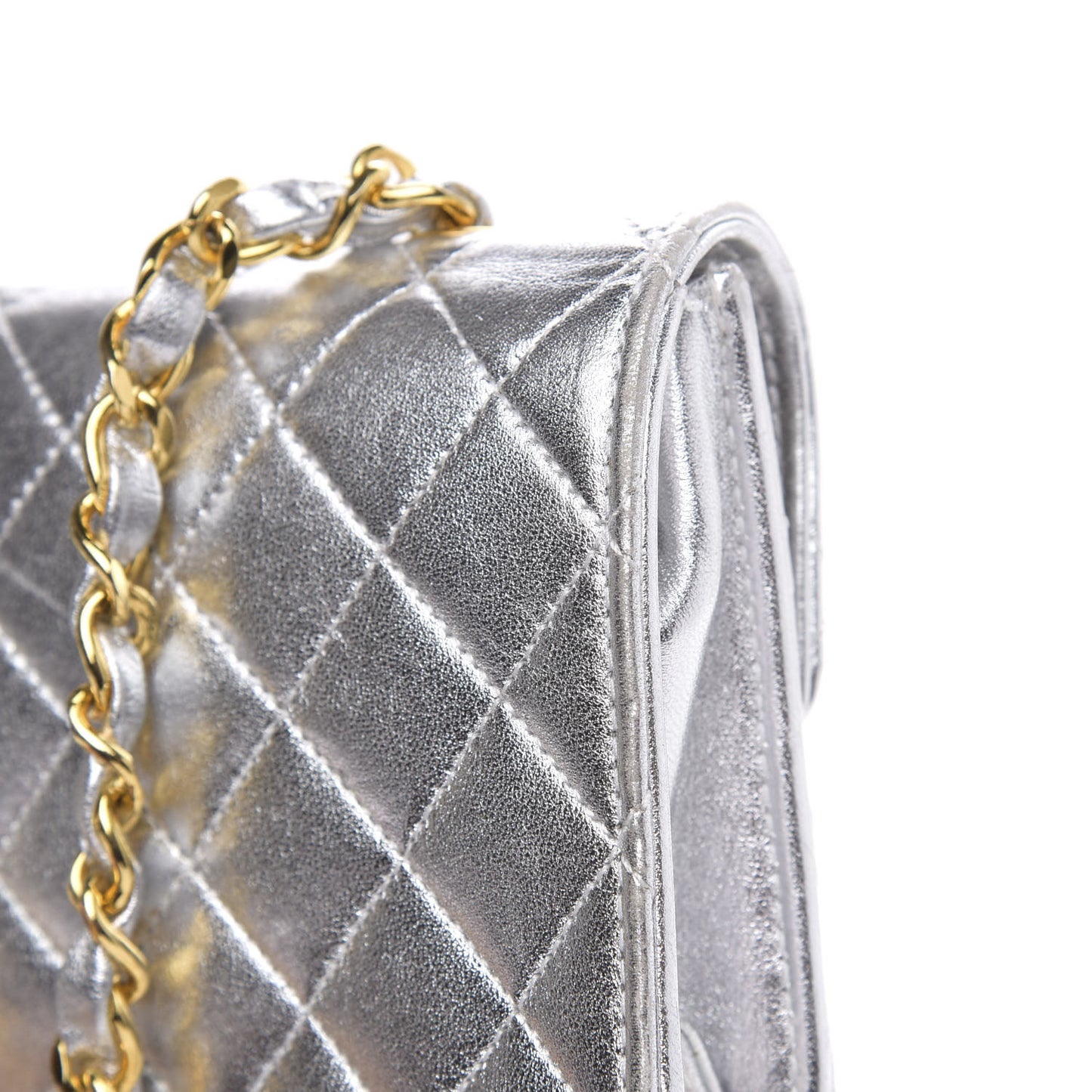 Metallic Lambskin Quilted Micro Mini Flap Silver