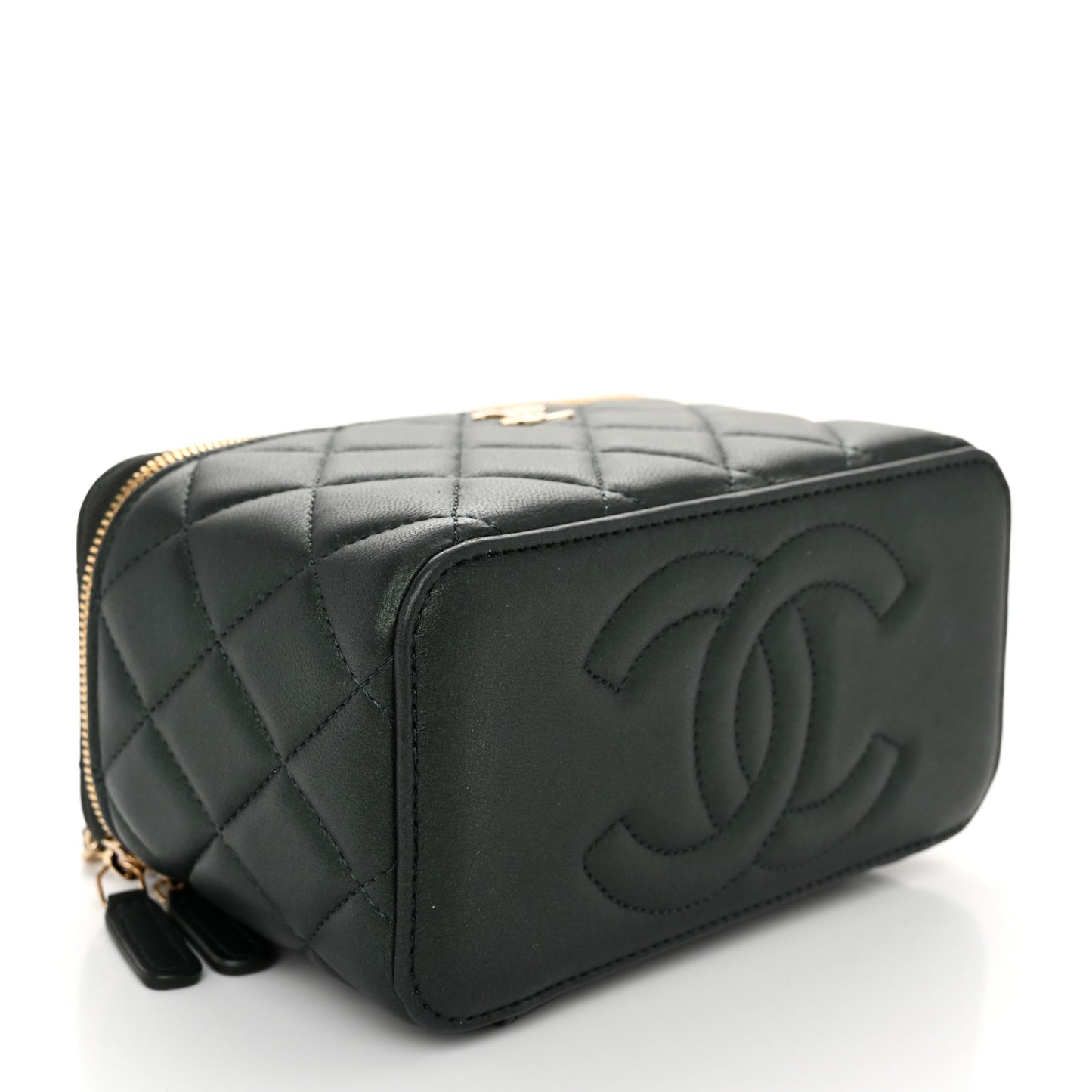 Iridescent Lambskin Quilted Small Top Handle Vanity Case With Chain Green