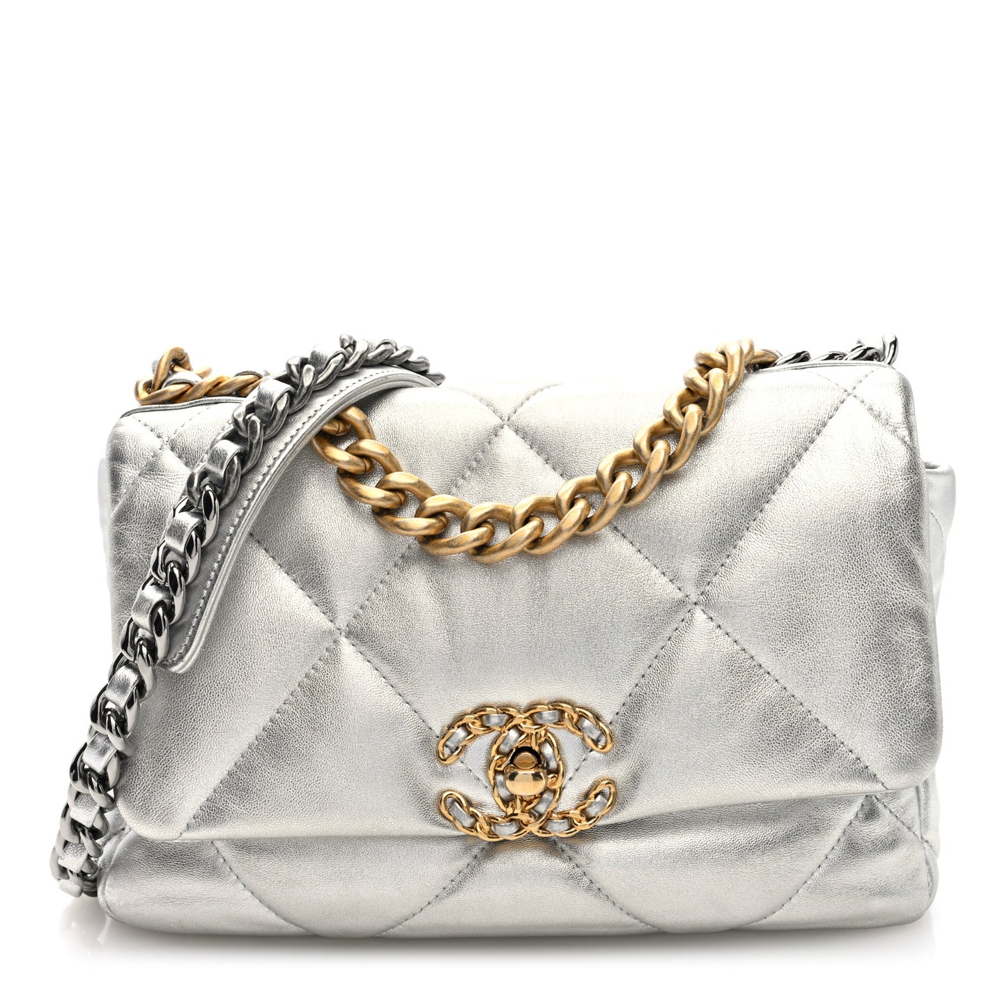 Metallic Lambskin Quilted Medium Chanel 19 Flap Silver