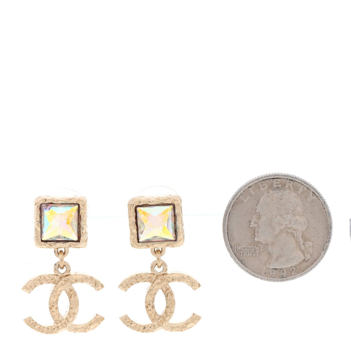 Iridescent Baguette Crystal CC Drop Earrings Gold