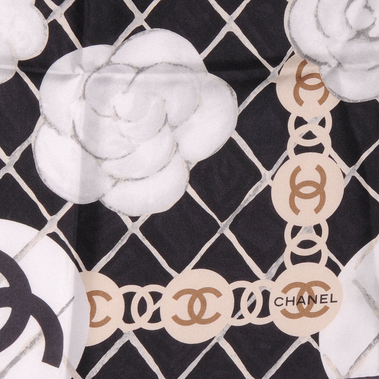 Chanel Silk CC Logo Camellia Scarf White Black 3 of 5