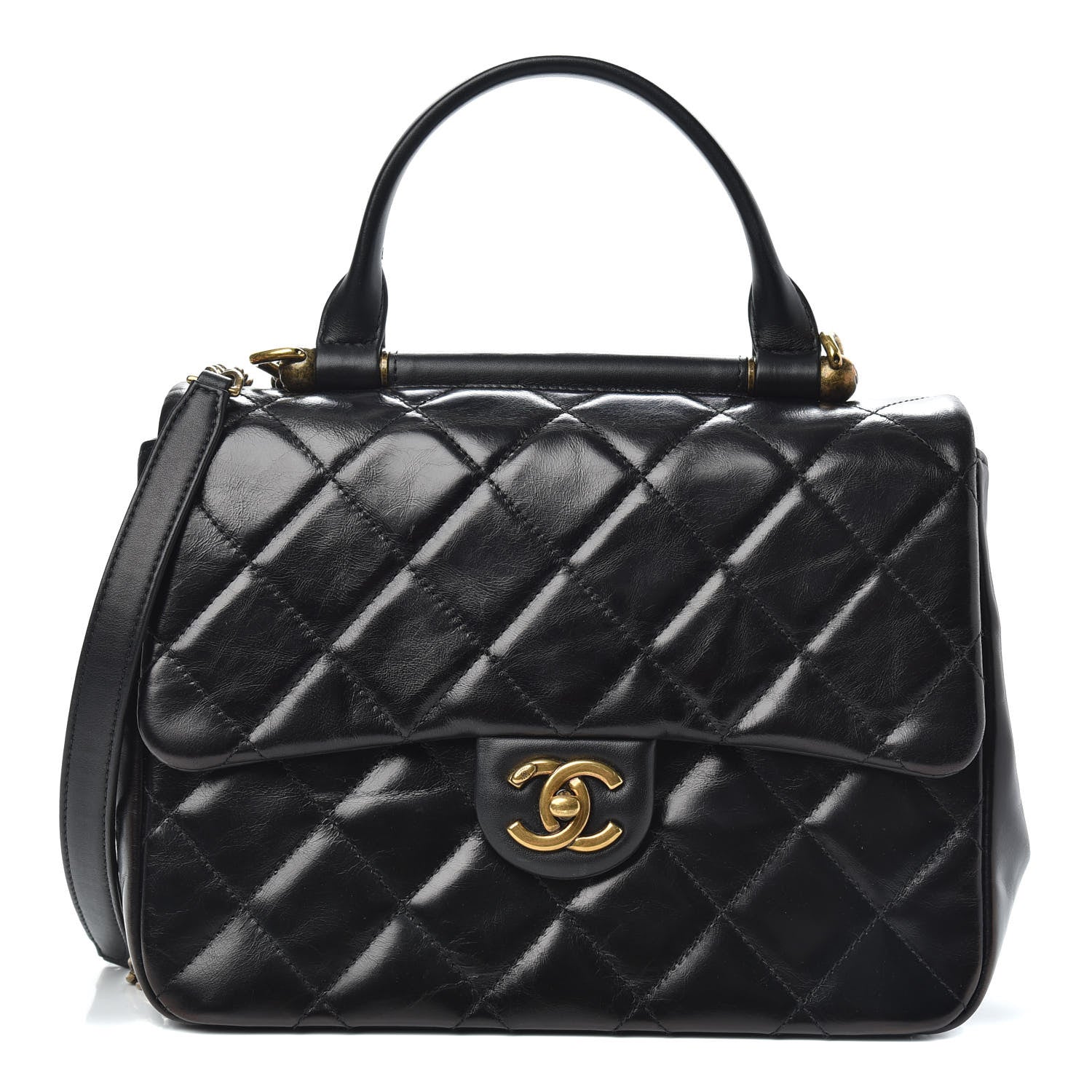 Chanel Glazed Calfskin Quilted Medium Gold Bar Top Handle Flap Black 1 of 12