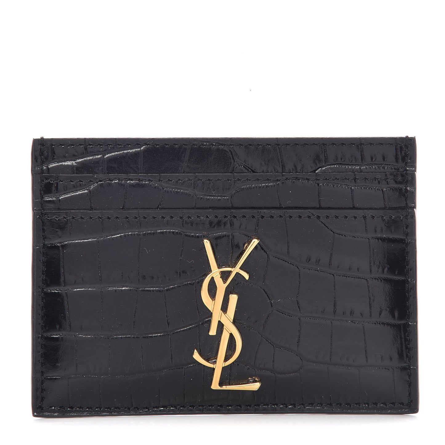 Calfskin Crocodile Embossed Monogram Credit Card Case Black