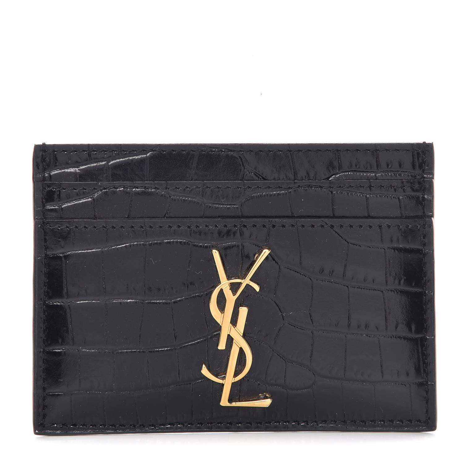 Saint Laurent Calfskin Crocodile Embossed Monogram Credit Card Case Black 1 of 8