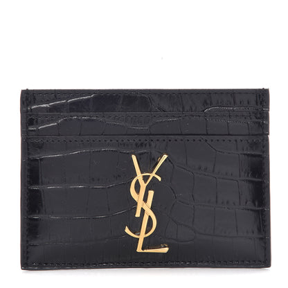 Saint Laurent Calfskin Crocodile Embossed Monogram Credit Card Case Black 1 of 8