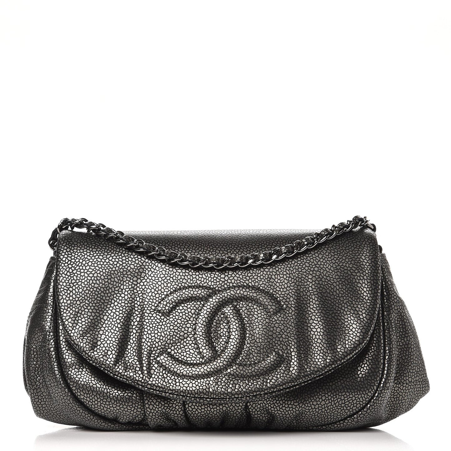 Metallic Caviar Half Moon Wallet On Chain WOC Dark Silver