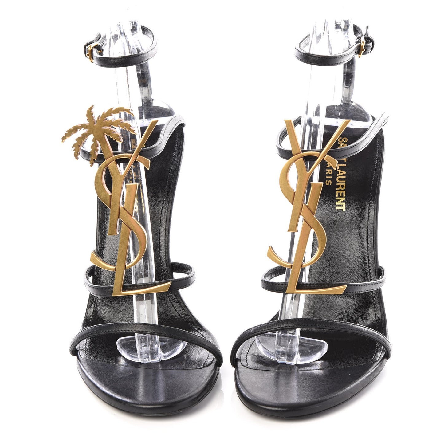 Calfskin Cassandra Palm Logo 110 Ankle Strap Sandals 37 Black