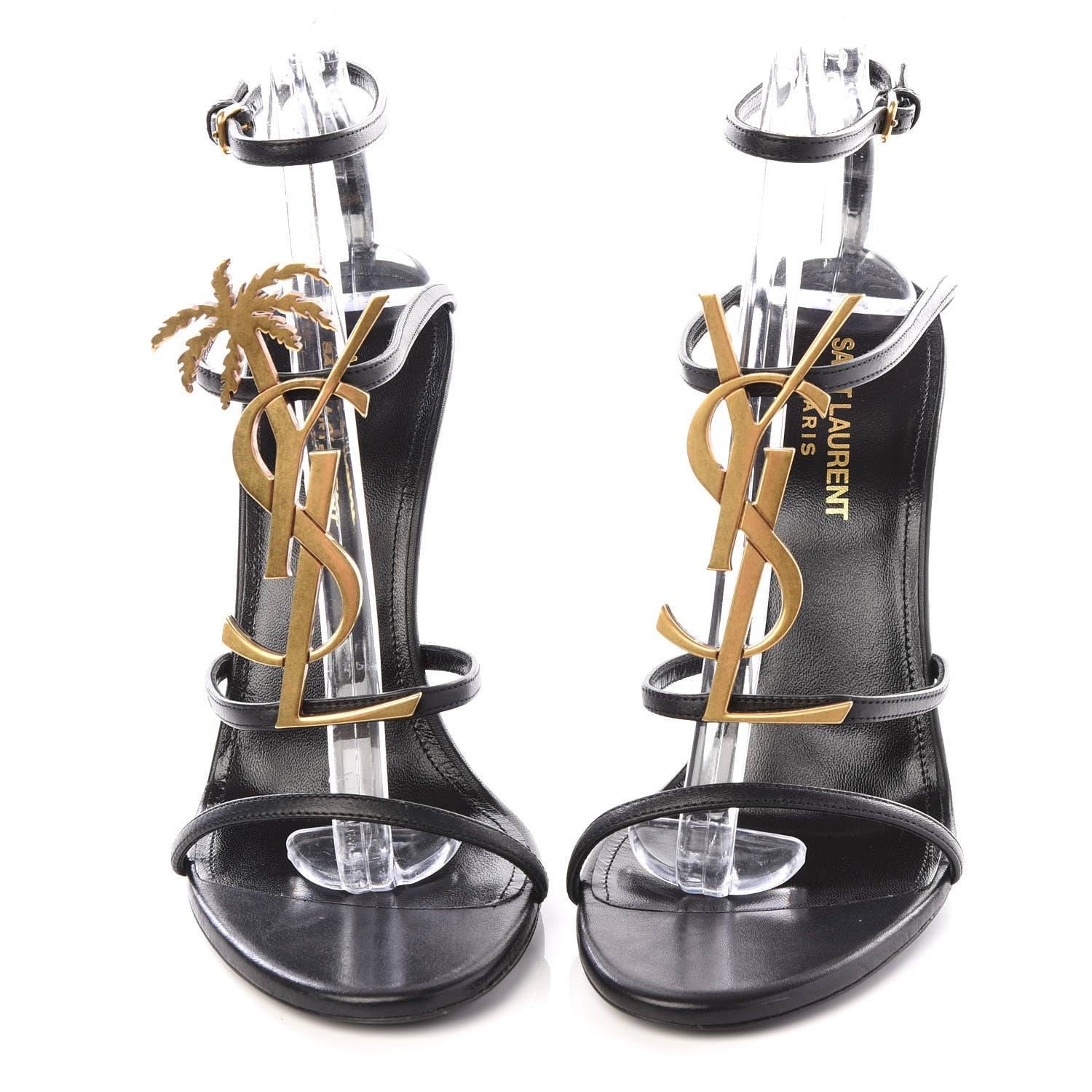 Saint Laurent Calfskin Cassandra Palm Logo 110 Ankle Strap Sandals 37 Black 3 of 9