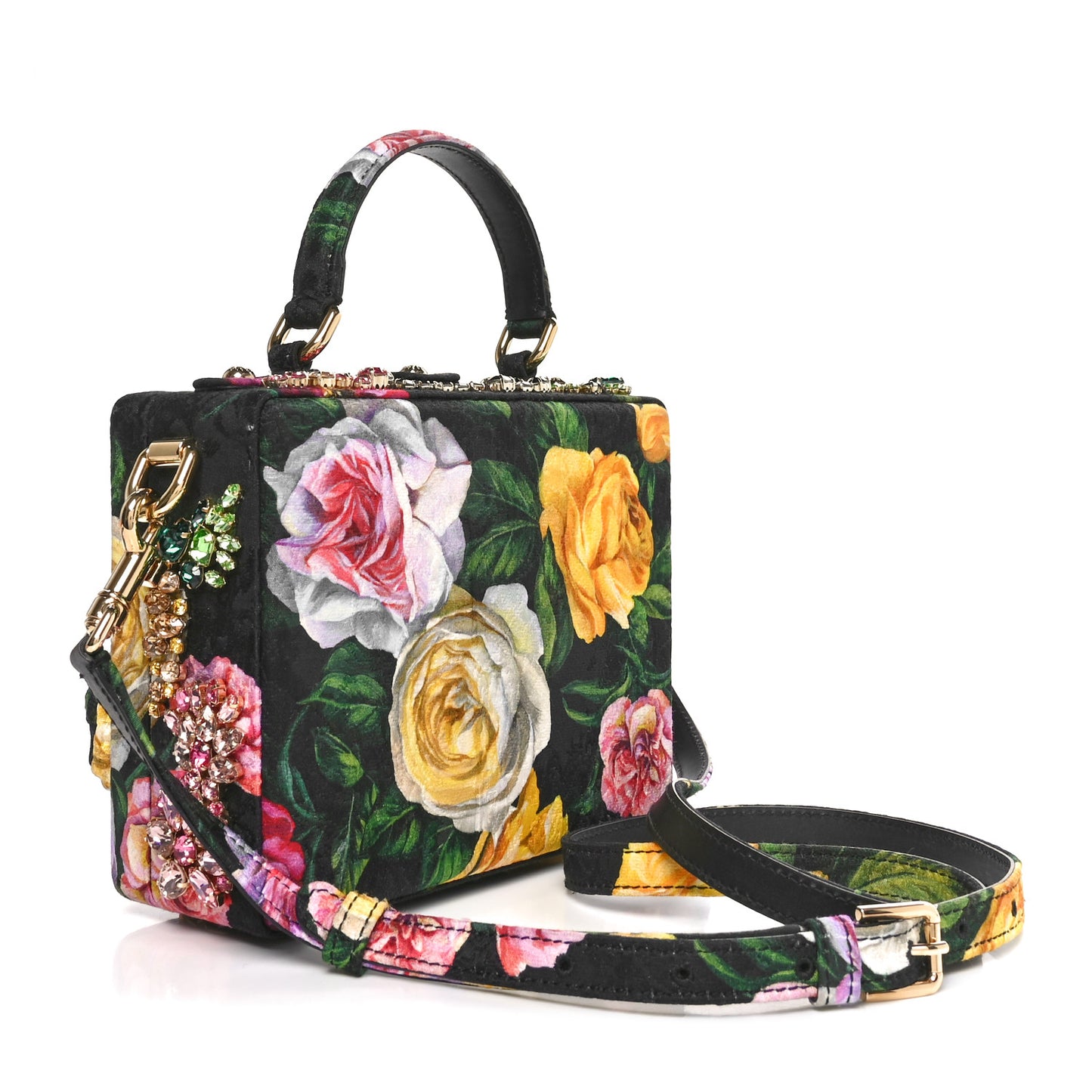 Brocade Crystal Embellished Floral Box Bag Black Multicolor