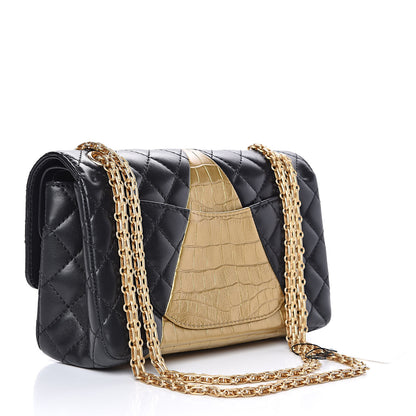 Chanel Lambskin Metallic Calfskin Crocodile Embossed 2.55 Cocodile Reissue 225 Flap Black Gold 3 of 11