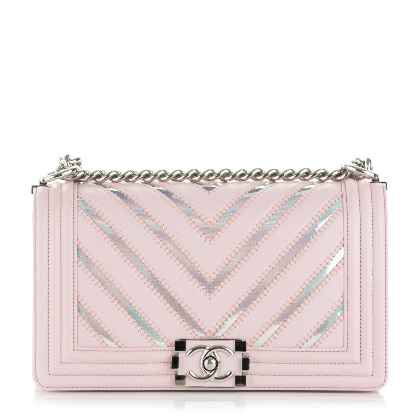 Lambskin Iridescent PVC Medium Boy Flap Light Pink Silver
