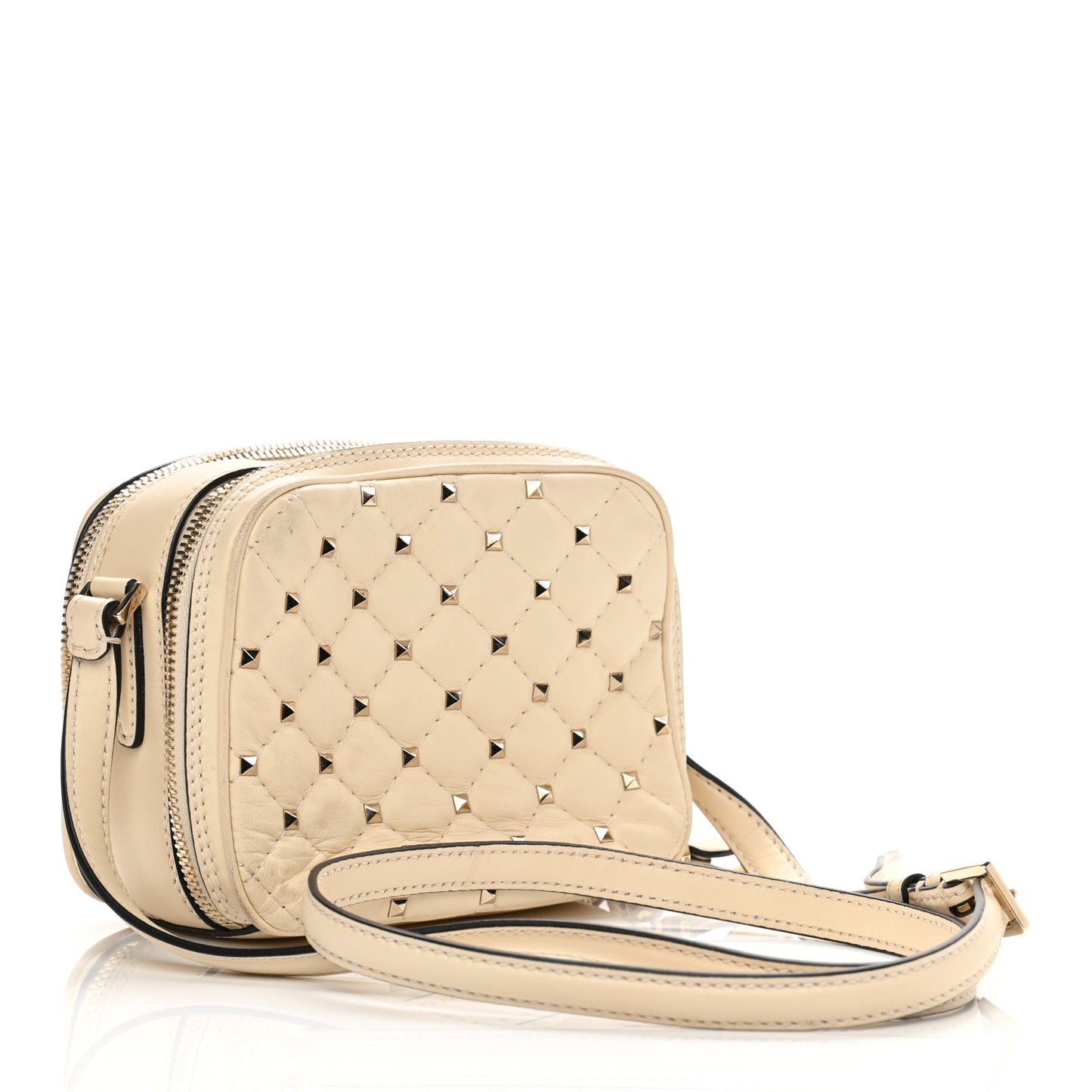 Nappa Rockstud Spike Double Zip Camera Crossbody Bag Light Ivory