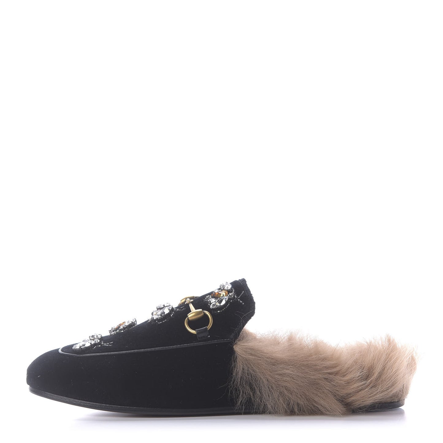 Velvet Fur Crystal Embroidered Womens Princetown Slippers 37.5 Black