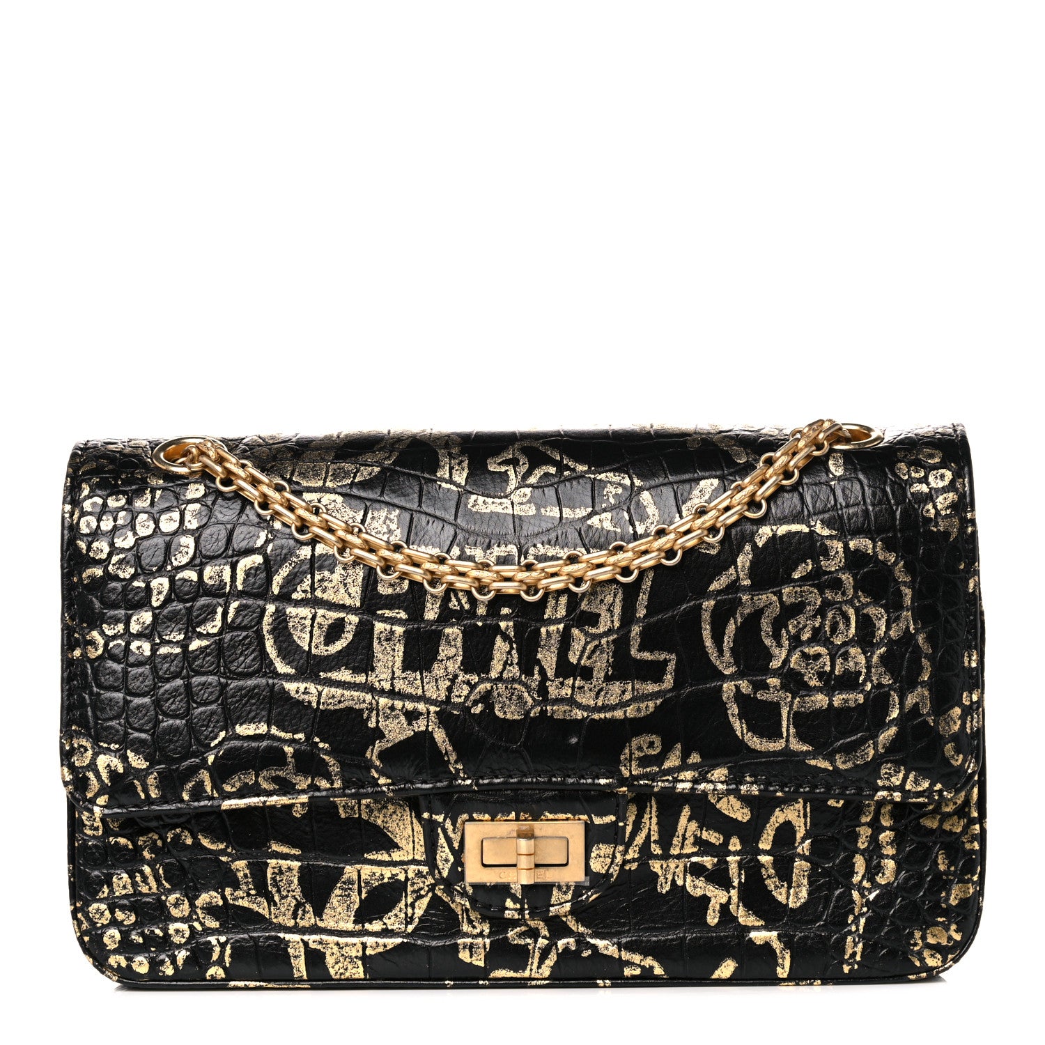 Chanel Calfskin Crocodile Embossed Graffiti 2.55 Cocodile Reissue 225 Flap Black Gold 1 of 13