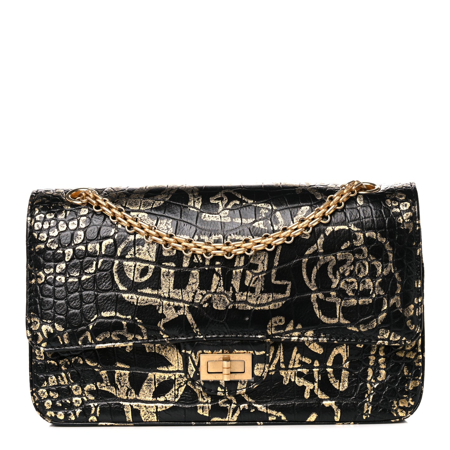 Calfskin Crocodile Embossed Graffiti 2.55 Cocodile Reissue 225 Flap Black Gold