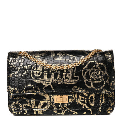 Chanel Calfskin Crocodile Embossed Graffiti 2.55 Cocodile Reissue 225 Flap Black Gold 1 of 13