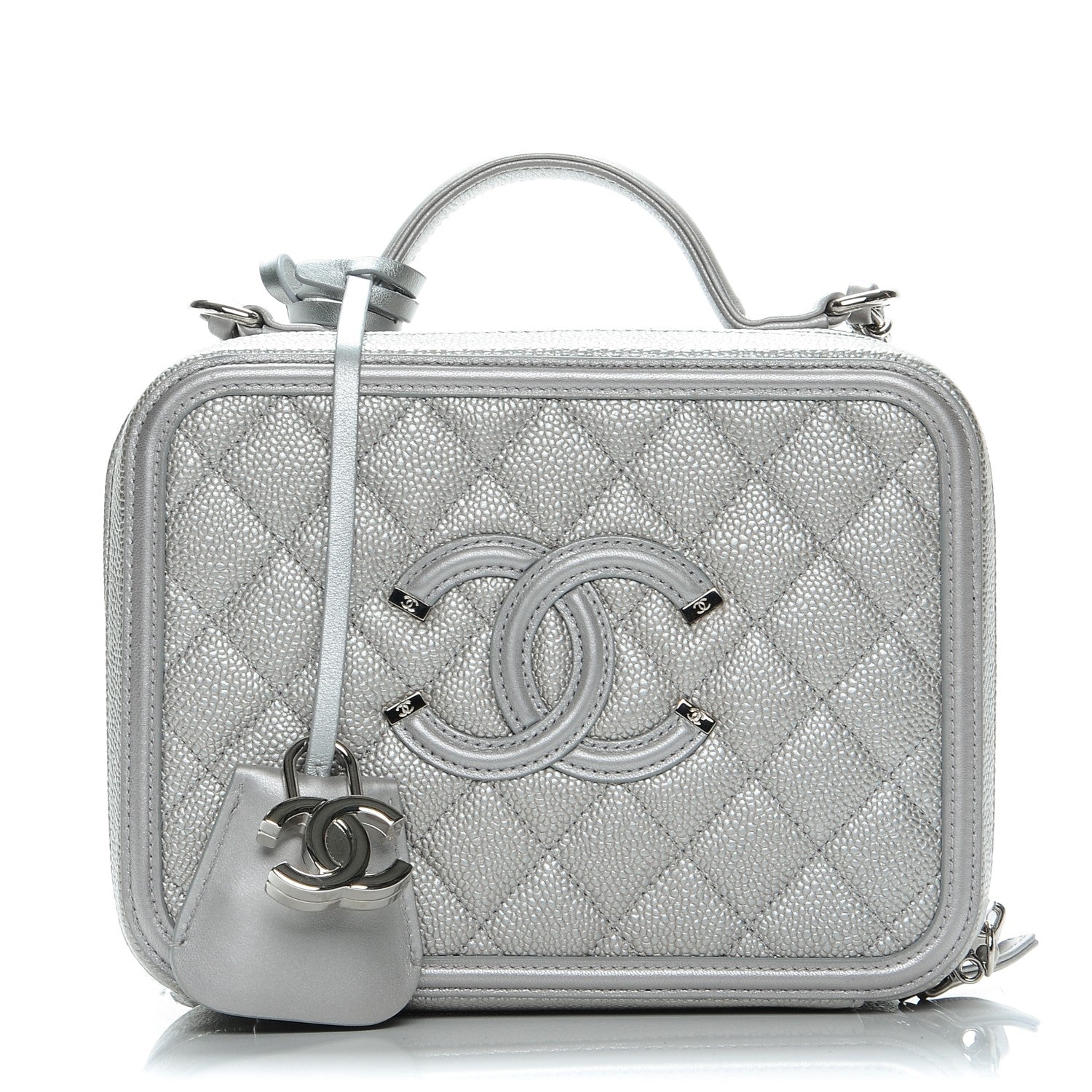 Chanel Metallic Caviar Quilted Medium CC Filigree Vanity Case Silver 1 of 8