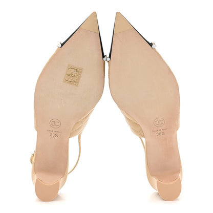 Chanel Lambskin Grosgrain Quilted Cap Toe CC Chain Slingback Pumps 38.5 Beige Black 5 of 9