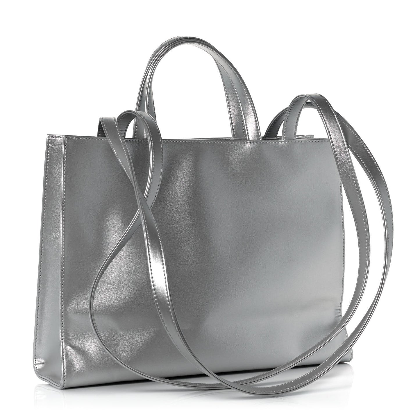 Metallic Vegan Leather Medium Shopping Bag Silver