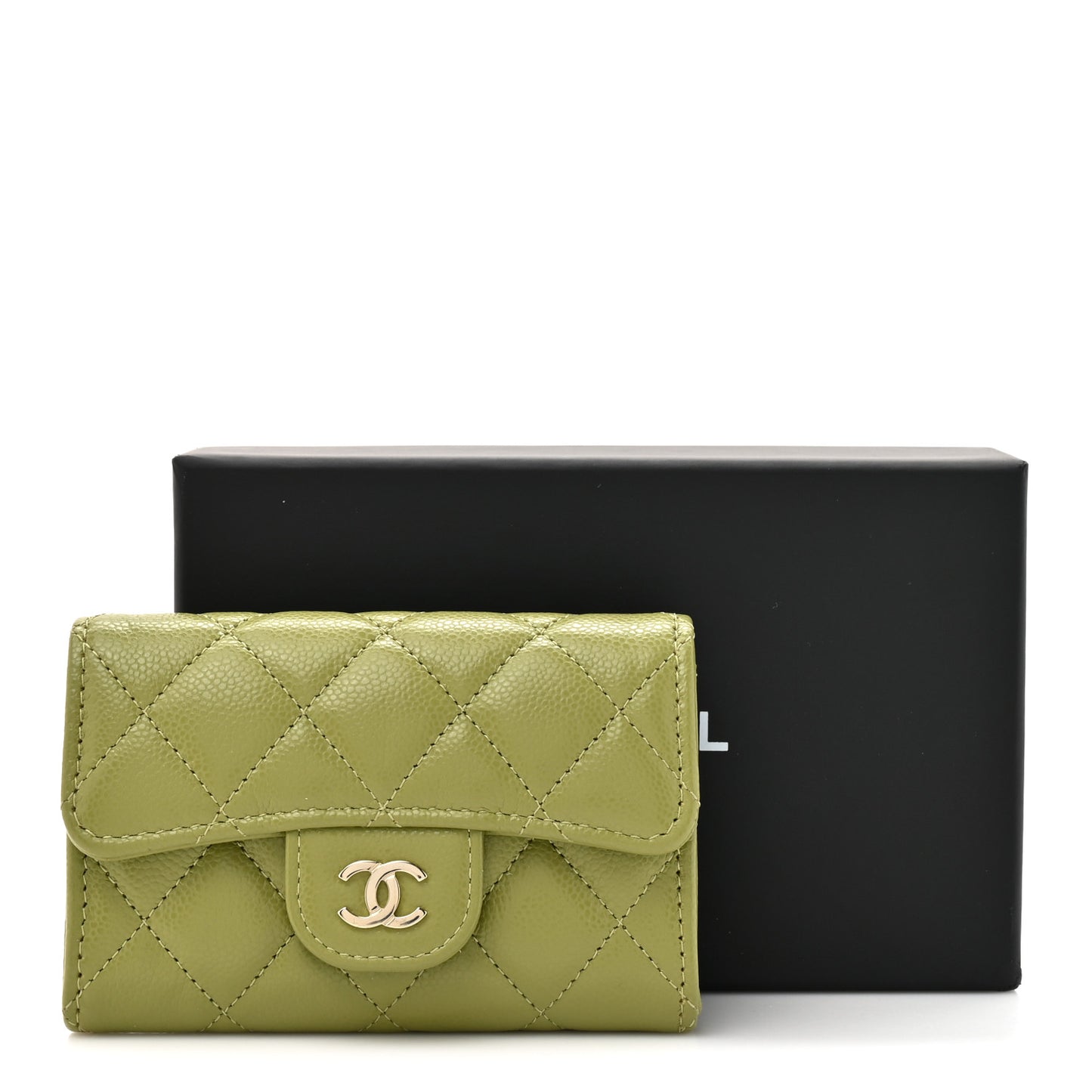 Caviar Quilted Flap Card Holder Wallet Khaki