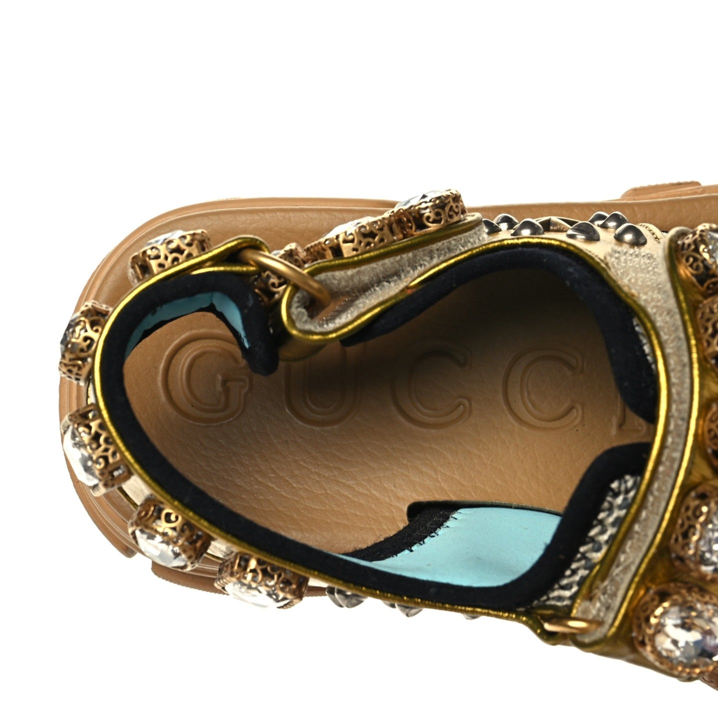 Gucci Silk Calfskin Mesh Crystal Embellished Studded Womens Aguru Sandals 36 Gold 7 of 9