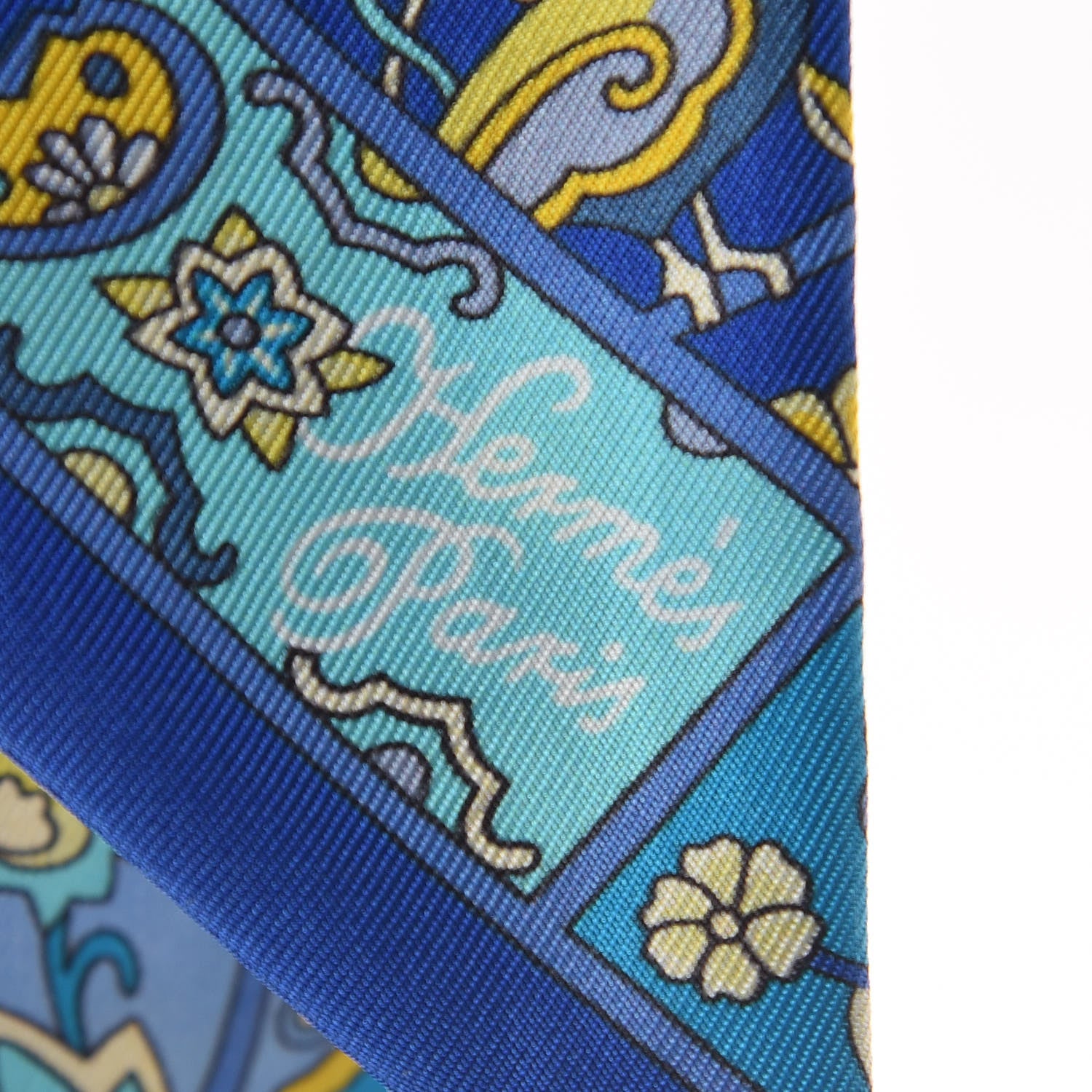 Hermes Silk Au Pays Des Oiseaux Fleurs Twilly Bleu Dur Jaune Vif Turquosie 5 of 5