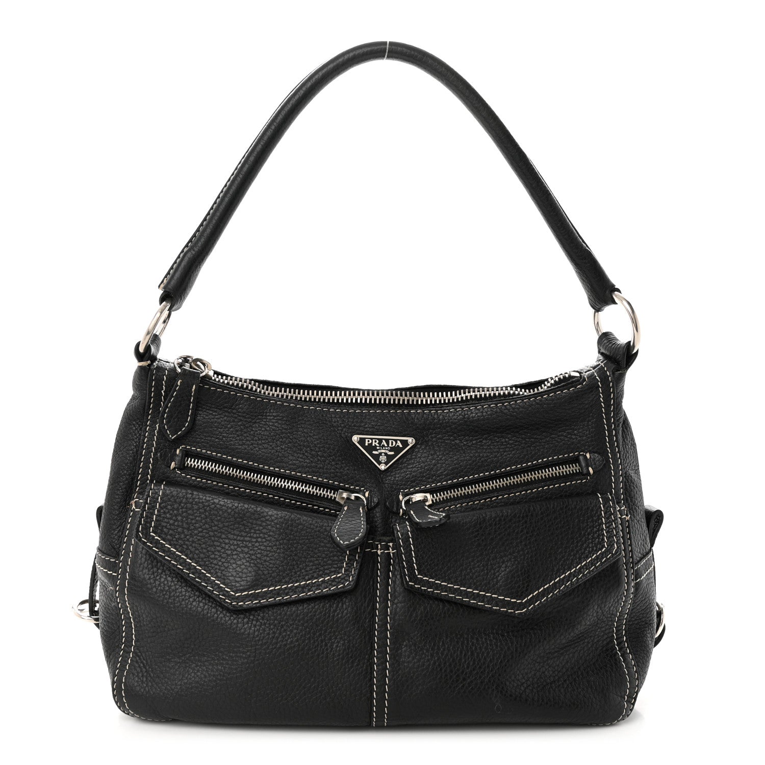 Prada Vitello Front Pockets Shoulder Bag Black 1403226 – FASHIONPHILE