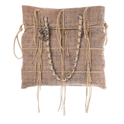 Chanel Suede Calfskin Perforated Drawstring Fringe Tote Beige 1 of 7